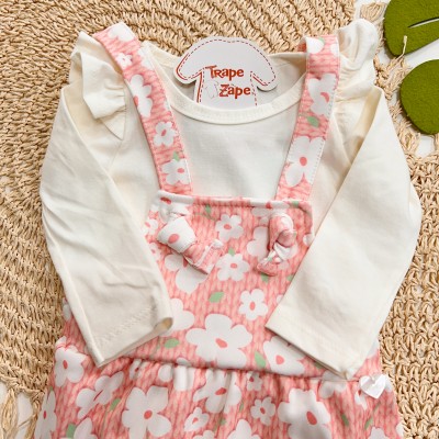 Conjunto Body com Babadinhos e Salopete Estampada - Coral 